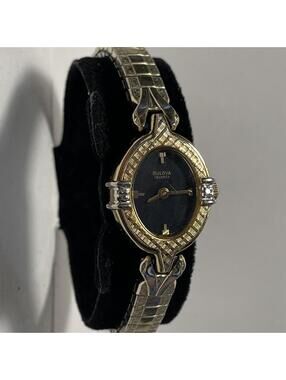 Vintage 1990 Bulova Quartz Dress Watch Black Speidel Expansion Bracelet RunsARRR